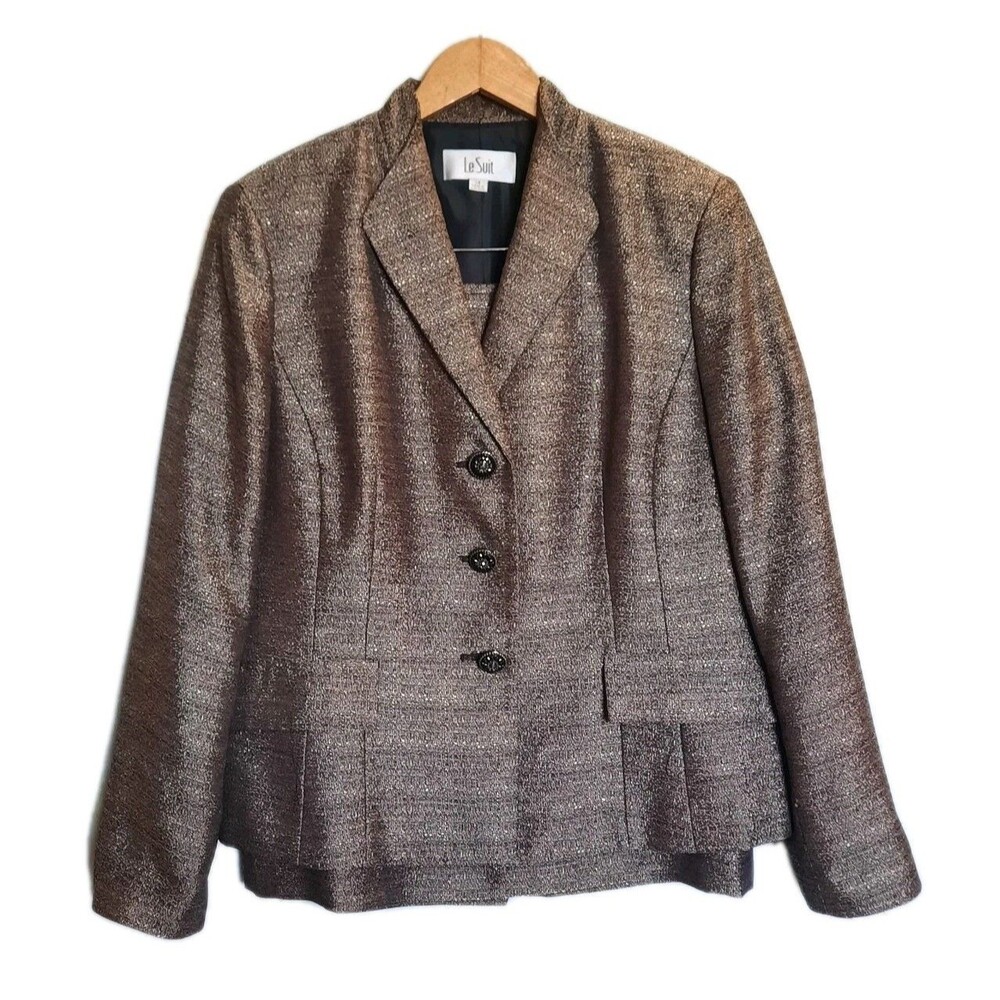 Le Suit Brown Tweed Metallic Skirt Suit Set Dressy Classic Knee Length Size 12